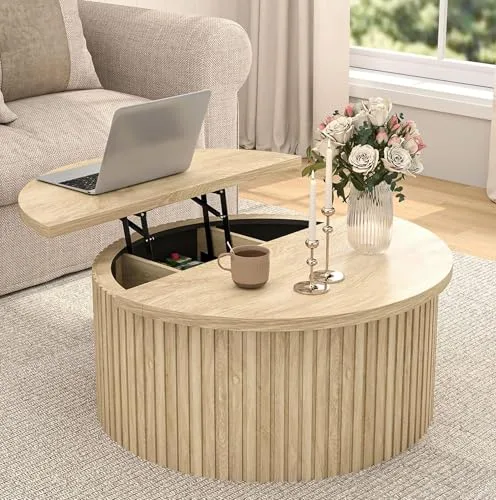 Round Fluted Lift-Top Coffee Table — Oak